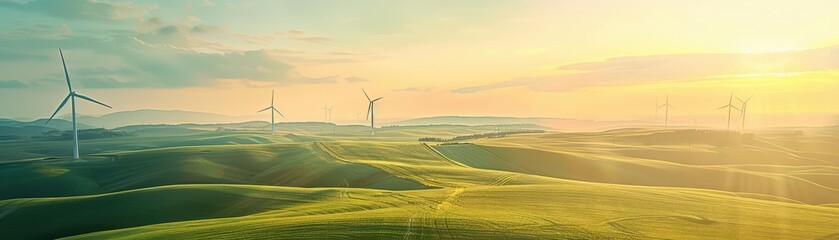 Wind turbine farm in a rural landscape at sunset, sustainable power theme, top view, emphasizing largescale wind energy, technology tone, monochromatic color scheme