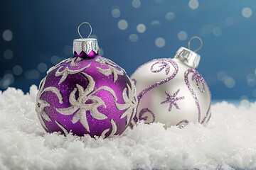 Two purple and white Christmas balls on snow against a dark blue background, with space for text