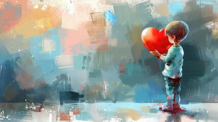 little boy holding red heart love charity volunteering concept digital art