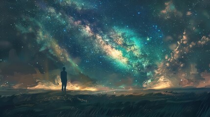Obraz premium lone figure gazing at the milky way on a starry night evoking a sense of wonder digital painting