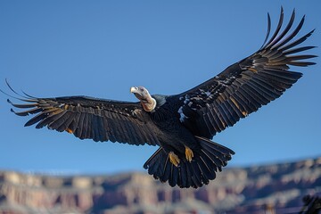 Obraz premium A California condor soaring over the Grand Canyon, its massive wingspan and striking black and white plumage visible against the deep blue sky.