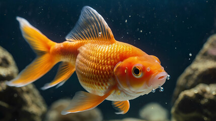 A beautiful cute Goldfish aquatic colours fin gold nautical pet swim tail underwater blackground GENERATE AI,