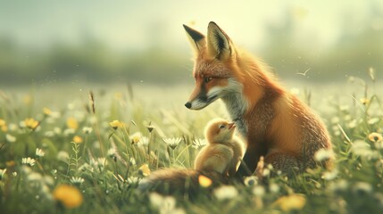 Fototapeta premium Fox and duckling sharing a tender moment in a meadow filled with wildflowers showcasing an unlikely friendship
