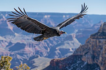 A California condor soaring over the Grand Canyon, its massive wingspan and striking black and white plumage visible against the deep blue sky.