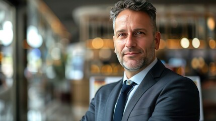 Portrait of travel agent in suit on travel agency background