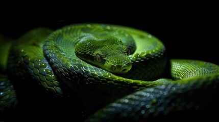 Fototapeta premium lush green mamba snake coiled against dramatic dark background exotic wildlife photography