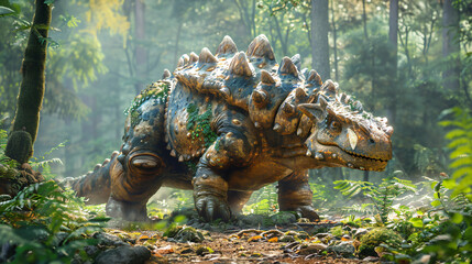 An ankylosaurus with its heavy armor plates and spiked tail, standing amidst a lush green forest. the texture of the skin, and a few surrounding trees in realistic