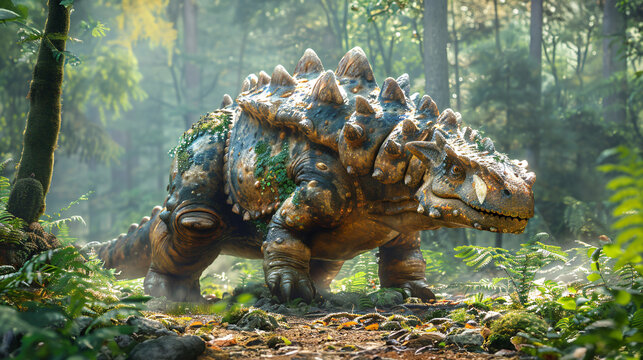 An ankylosaurus with its heavy armor plates and spiked tail, standing amidst a lush green forest. the texture of the skin, and a few surrounding trees in realistic