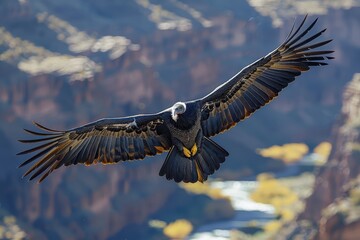 Obraz premium A California condor soaring over the Grand Canyon, its massive wingspan and striking black and white plumage visible against the deep blue sky.