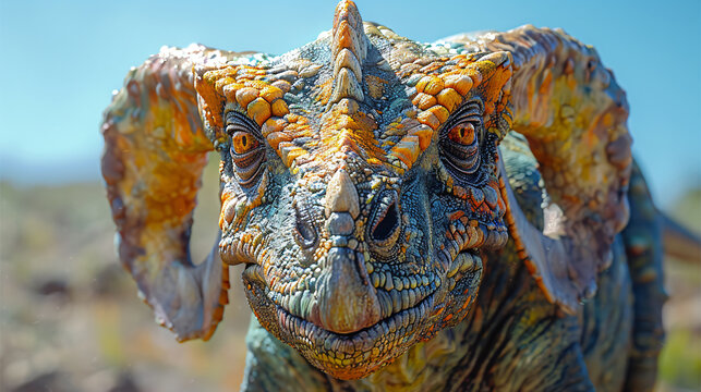 A close-up shot of a parasaurolophus head with its distinctive hollow crest. The image showcases the dinosaur's textured skin, a single alert eye, and a hint of dust on its crest