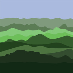Vector landscape mountain ranges and forest disappear into the fog.