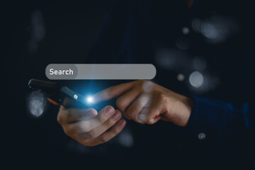 SEO Data Search Technology Search Engine Optimization.  search engine optimization, man's hand using laptop to search information, using search bar function on your website.