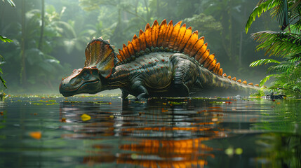 A spinosaurus with its sail-like dorsal fin emerging from a tranquil lake surrounded by lush greenery. the reflection of the dinosaur, 