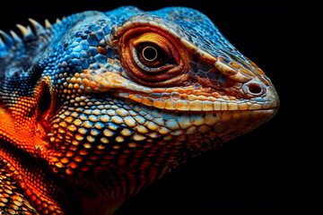 Fototapeta premium A close up of a lizard's face with a blue and orange pattern