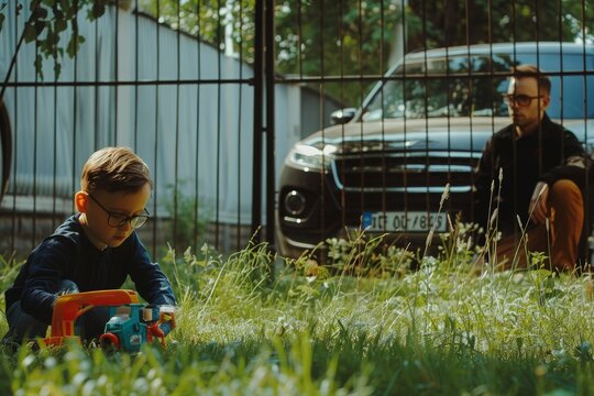 Child abduction. A suspicious man watches a playing child from behind a fence. Social issues, child safety, child protection."
