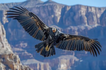 A California condor soaring over the Grand Canyon, its massive wingspan and striking black and white plumage visible against the deep blue sky.