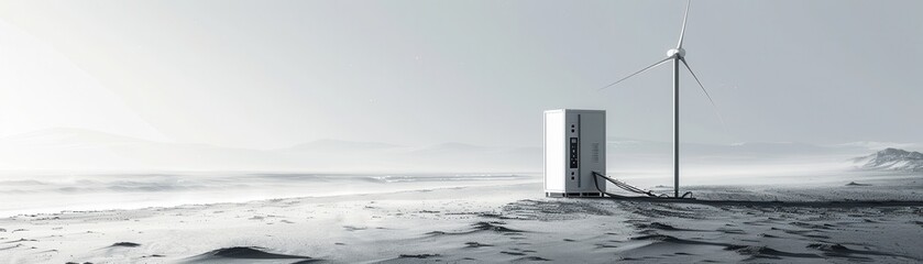 Fototapeta premium Portable wind turbine set up on a beach, ecofriendly travel theme, side view, demonstrating renewable energy use, technology tone, monochromatic color scheme