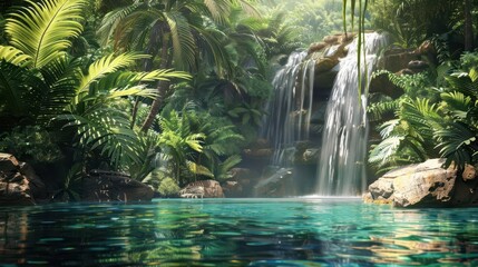 lush jungle oasis cascading waterfall into crystal clear pond photo illustration