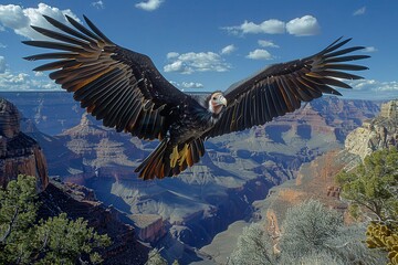 Obraz premium A California condor soaring over the Grand Canyon, its massive wingspan and striking black and white plumage visible against the deep blue sky.