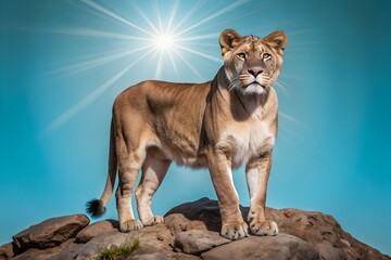 Obraz premium Majestic Lioness Standing on Rocks Under a Bright Sunlit Sky