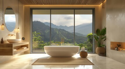 Fototapeta premium luxurious contemporary hotel bathroom interior with bathtub washbasin and panoramic window couples retreat 3d rendering