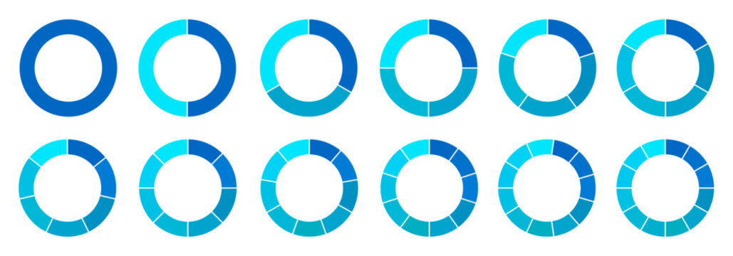 Pie chart set, segmented circle icons, circle diagram with sections or parts - vector