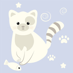 vector cute cat with fish and cat footprints