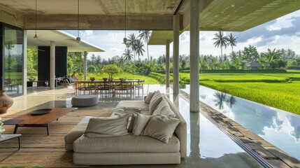 Fototapeta premium open plan living area with sliding door and garden