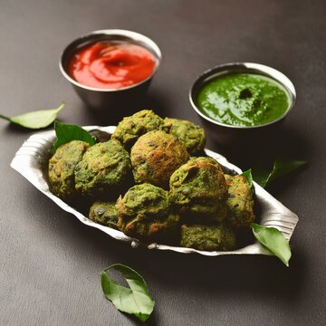 Indian Homemade food palak pakoda also known as spinach fritters or palak spanish pakora