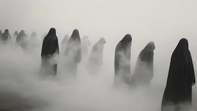 A phantom funeral procession glides through the mist their faces shrouded and their footsteps silent.