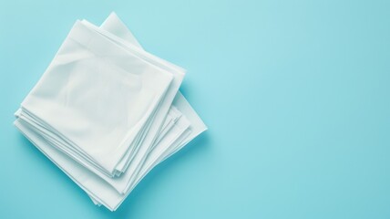 A stack of folded white napkins on a light blue background.