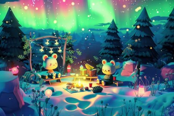 Obraz premium a playful illustration of characters having a picnic under the northern lights 