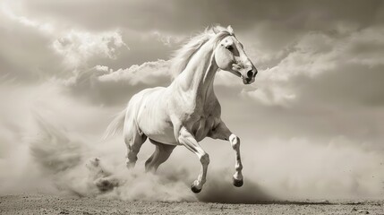 majestic arabian horse running in desert dust trail monochrome