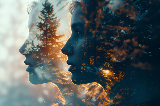 2 profils de femmes en double exposition avec la for&ecirc;t