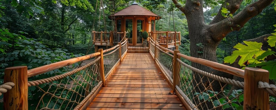 Fototapeta Treehouse with a wooden deck and rope bridge.