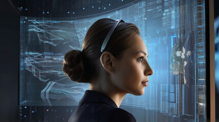 Futuristic portrait of IT specialist analysing data on transparent screen in front of her, information  AI technology, cyber security concept