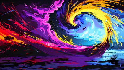 Vibrant abstract artwork featuring a dynamic swirl of colors including purple, yellow, and blue, creating a powerful visual impact.