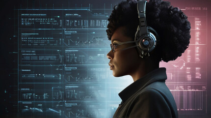 Futuristic portrait of IT specialist analysing data on transparent screen in front of her, information  AI technology, cyber security concept