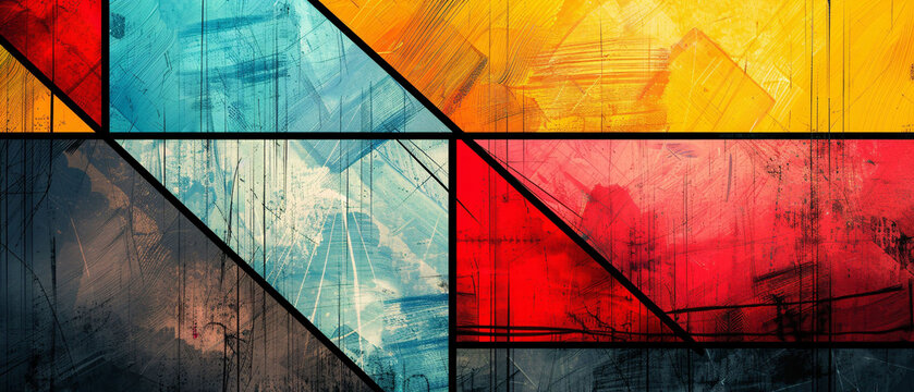 Vibrant abstract geometric pattern with bold colors of blue, red, and yellow. Modern art design perfect for background or decoration.