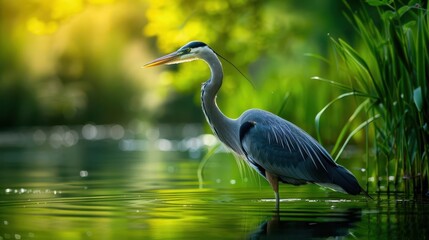 majestic heron wading through tranquil marsh with lush green reeds in the background wildlife