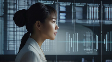 Futuristic portrait of IT specialist analysing data on transparent screen in front of her, information  AI technology, cyber security concept