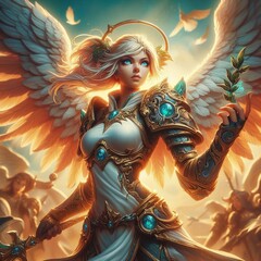 An ethereal guardian angel with radiant wings holds a sprout in serene dawn light