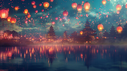 A cityscape during a religious festival with thousands of lanterns in the sky, vibrant colors, top third copy space