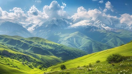 Naklejka premium majestic mountain landscape with snowcapped peaks and lush green valleys panoramic view