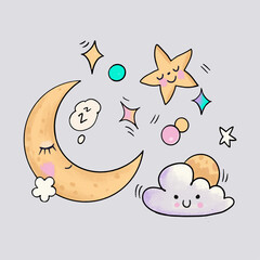 moon and cloud, doodle, crayon, drawing, illustration, notebook, planner sticker, poster card decoration, trendy, vector