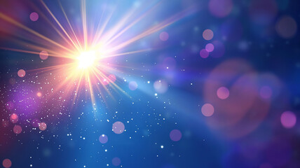 Abstract blue yellow shining lens flare illuminates bokeh background.