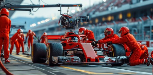 Pit Stop Action with Crew in Red Uniforms. Generative ai