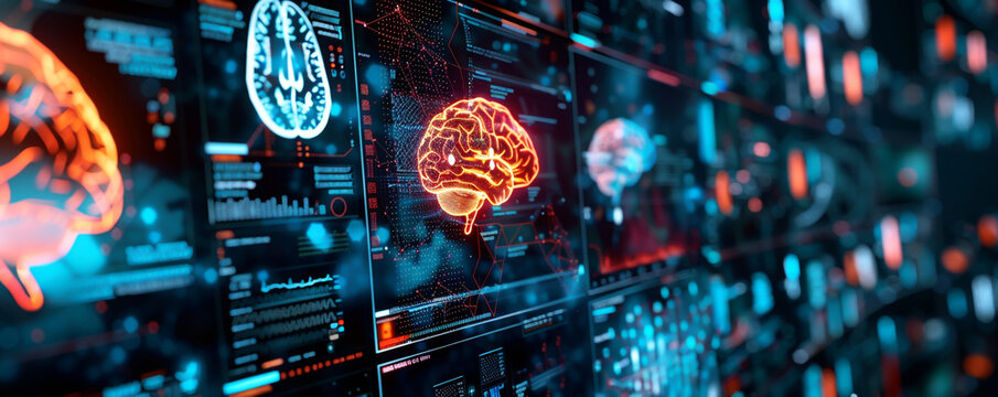 Digital display of medical data and brain anatomy on a futuristic computer screen