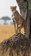 Naklejka premium Golden Gaze of a Cheetah on the African Savannah: Capturing the Majesty of Wildlife, Nature's Predator, and Human Connection. High-Resolution AI-Generated Wallpaper Background.