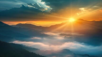 majestic sunrise over misty mountain landscape breathtaking nature scenery